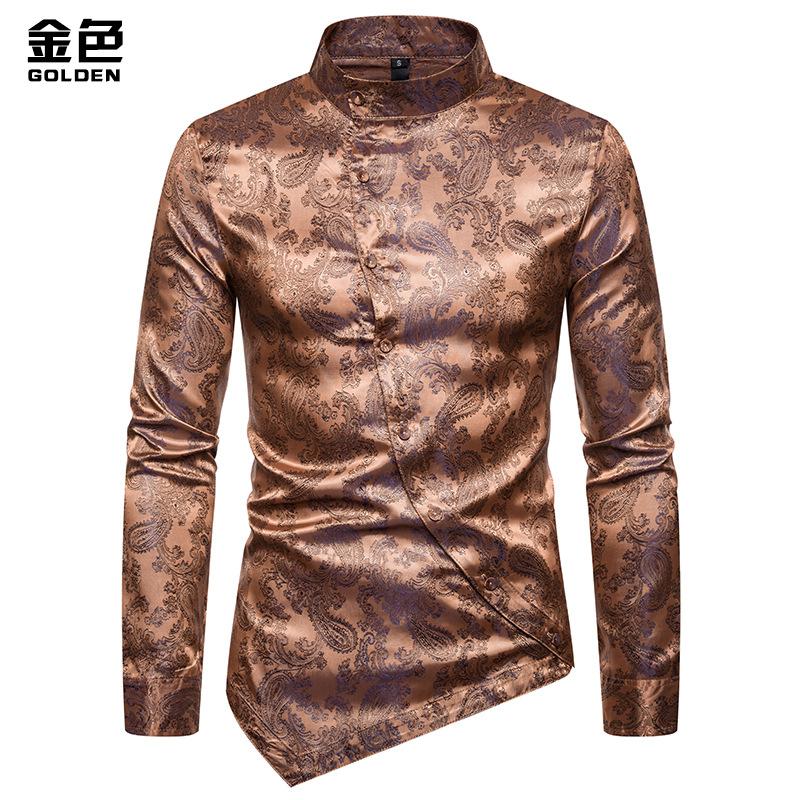 Men's Personality Helical Irregular Color Ful Henry Stand-Up Collar Long Sleeves Shirts