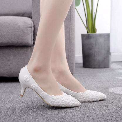 Women Lace Flora Bridal Wedding Shoes Stiletto Heel Pointed Toe Pumps