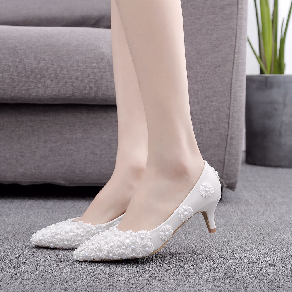 Women Lace Flora Bridal Wedding Shoes Stiletto Heel Pointed Toe Pumps