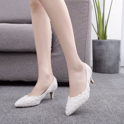 Women Lace Flora Bridal Wedding Shoes Stiletto Heel Pointed Toe Pumps