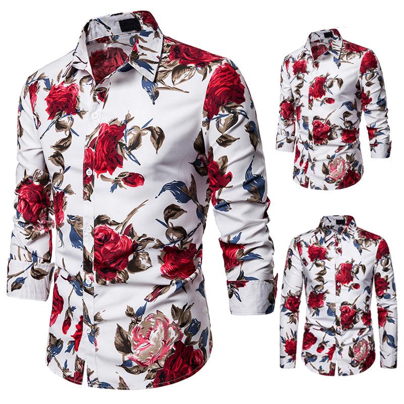 Men's Fashion Rose Pattern Decor Design Long Sleeves Shirts
