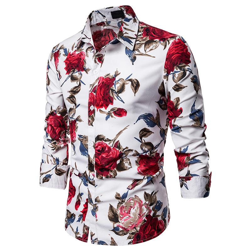 Men's Fashion Rose Pattern Decor Design Long Sleeves Shirts