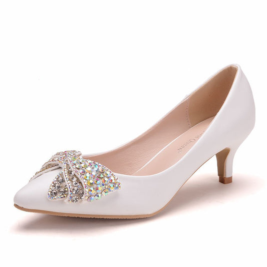 Women Stiletto Heel Pointed Toe Rhinestone Bow Tie Pumps Bridal Wedding Shoes