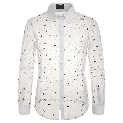 Men's Style Lace Transparent Style Snowflake Turndown Long Sleeves Shirts