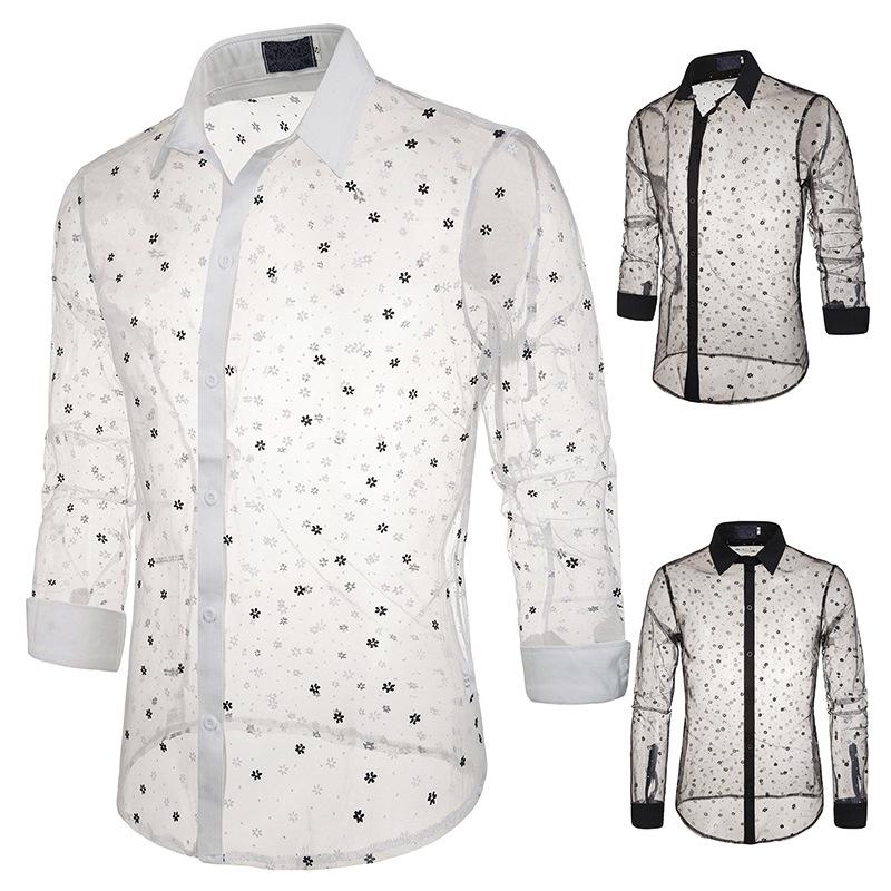 Men's Style Lace Transparent Style Snowflake Turndown Long Sleeves Shirts