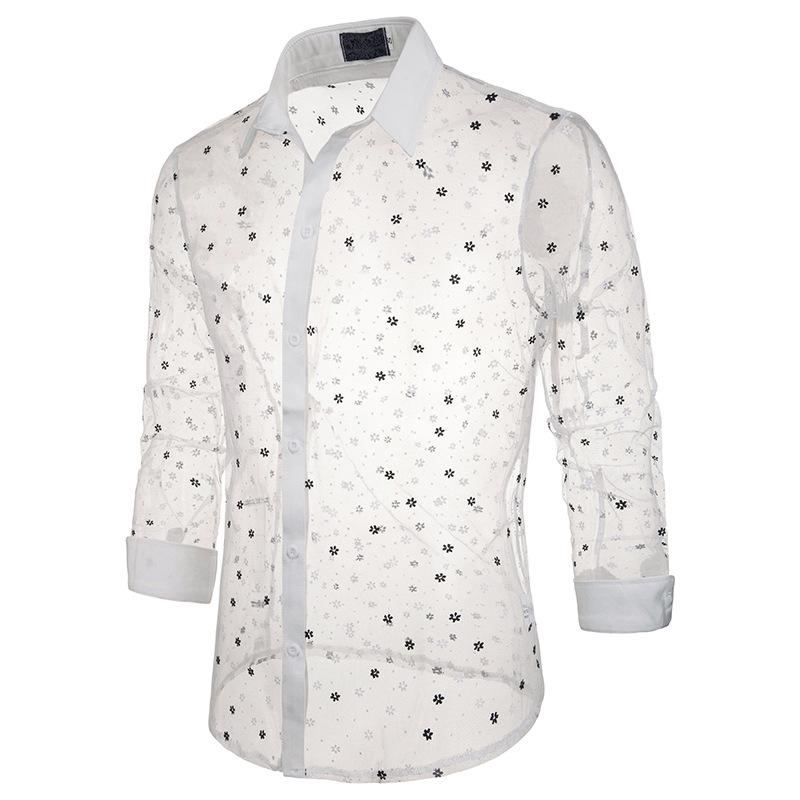 Men's Style Lace Transparent Style Snowflake Turndown Long Sleeves Shirts