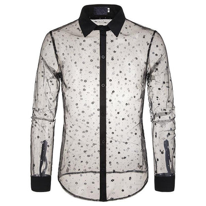 Men's Style Lace Transparent Style Snowflake Turndown Long Sleeves Shirts