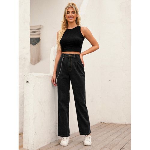 Ins Fashion High Waist Chains Straight Denim Long Women Jeans