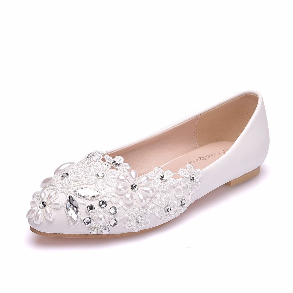 Women Pointed Toe Shallow Rhinestone Lace Flora Wedding Flats