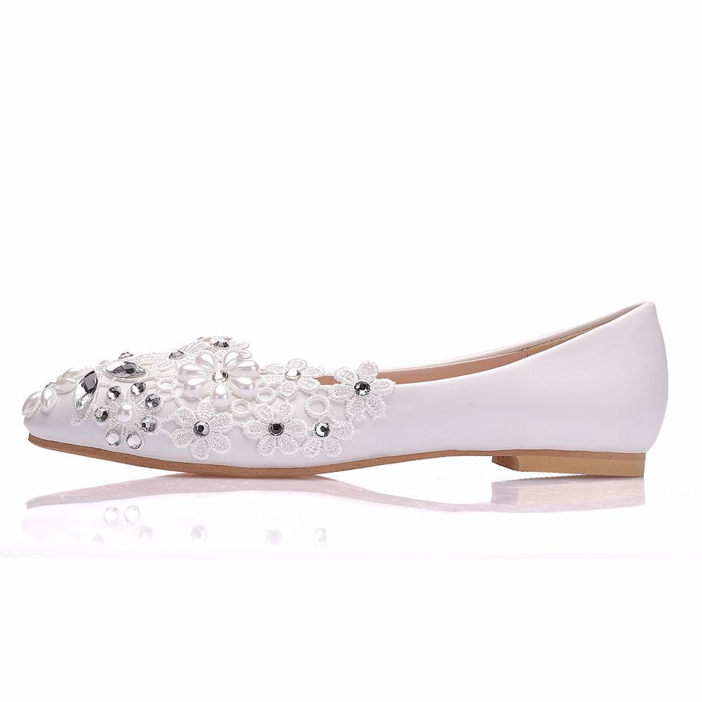 Women Pointed Toe Shallow Rhinestone Lace Flora Wedding Flats