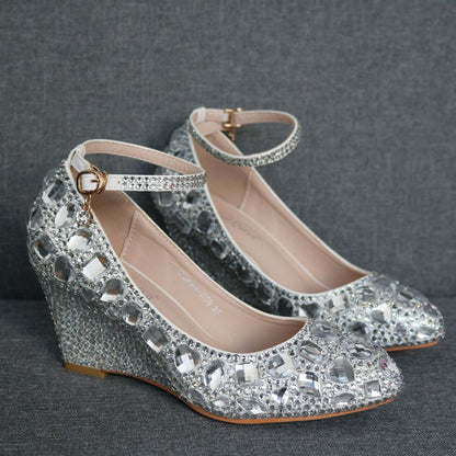 Colorful Rhinestone Ankle Strap 8cm Wedge Heel Women Pumps Wedding Shoes