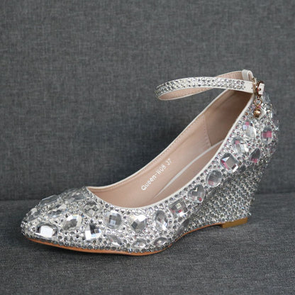 Colorful Rhinestone Ankle Strap 8cm Wedge Heel Women Pumps Wedding Shoes