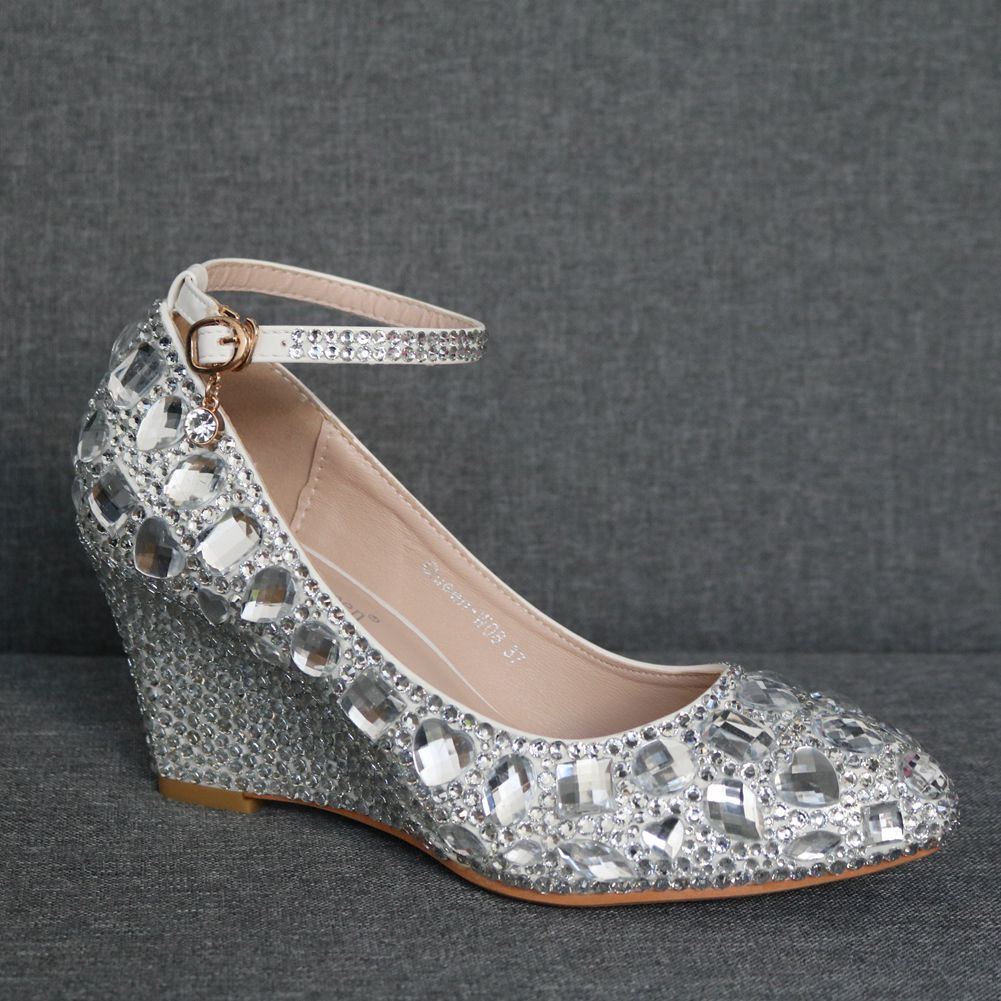 Colorful Rhinestone Ankle Strap 8cm Wedge Heel Women Pumps Wedding Shoes