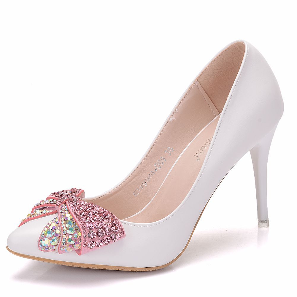 Women Pointed Toe Rhinestone Bow Tie Stiletto Heel Pumps Wedding Shoes