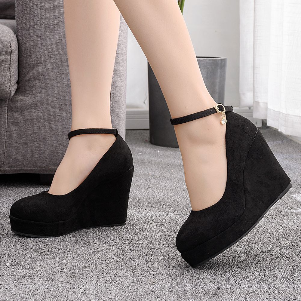 Women Round Toe Bow Tie Platform Ankle Strap Mary Janes Wedge Heel Pumps