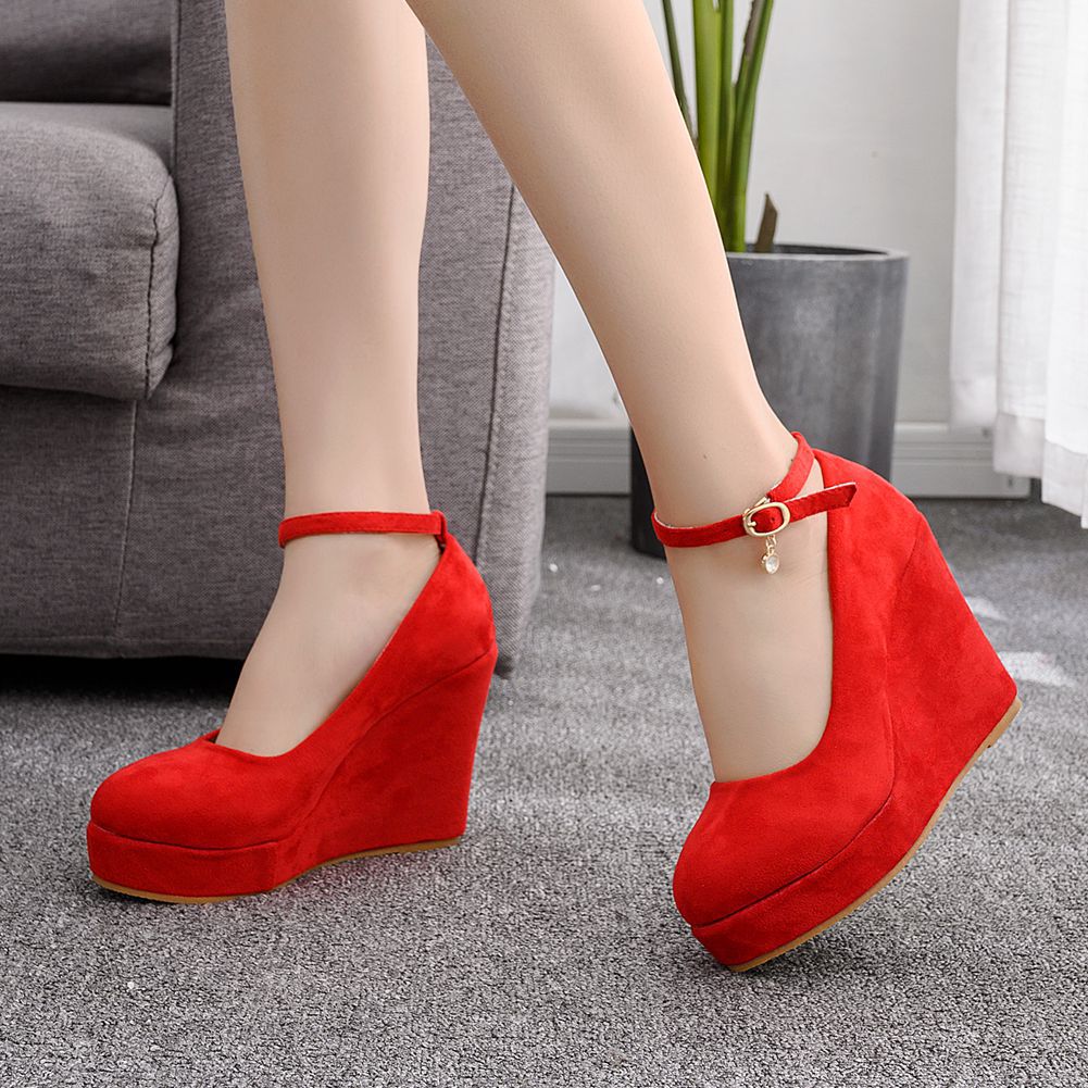 Women Round Toe Bow Tie Platform Ankle Strap Mary Janes Wedge Heel Pumps