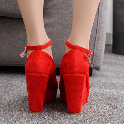 Women Round Toe Bow Tie Platform Ankle Strap Mary Janes Wedge Heel Pumps