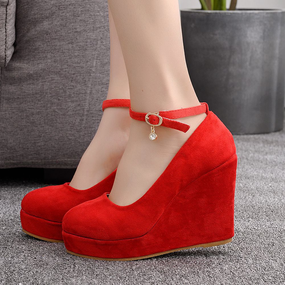 Women Round Toe Bow Tie Platform Ankle Strap Mary Janes Wedge Heel Pumps