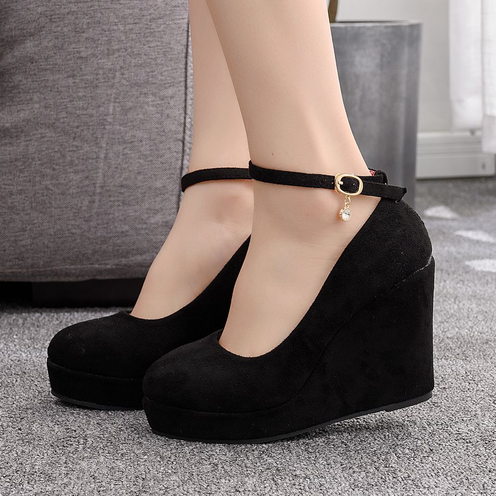 Women Round Toe Bow Tie Platform Ankle Strap Mary Janes Wedge Heel Pumps