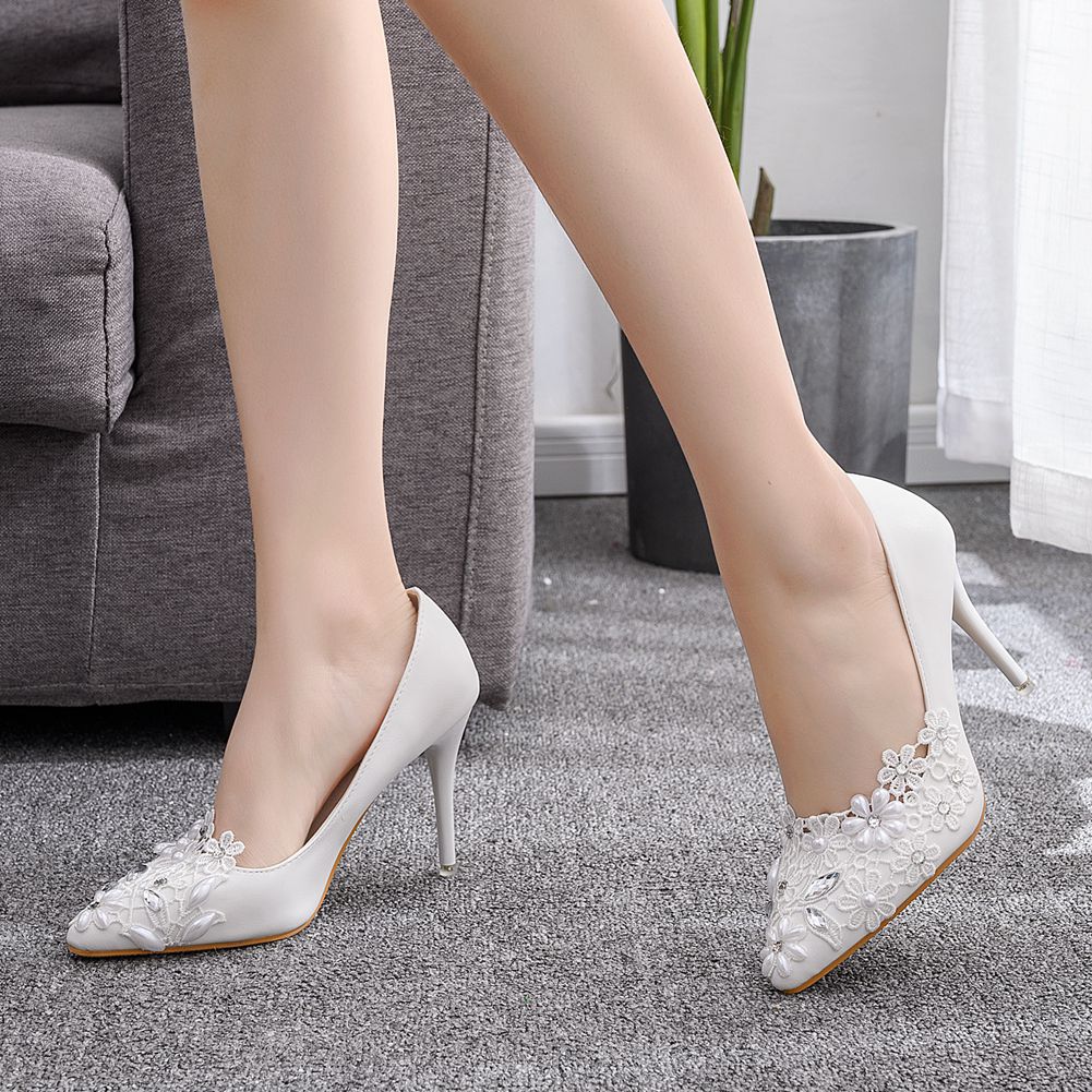 Women Rhinestone Pearl Flora Stiletto Heel Pumps Wedding Shoes