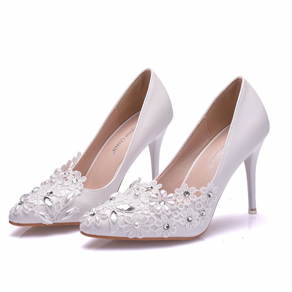 Women Rhinestone Pearl Flora Stiletto Heel Pumps Wedding Shoes