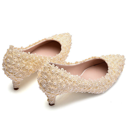 Women Lace Beads Bridal Wedding Shoes Pointed Toe Pumps Stiletto Heel