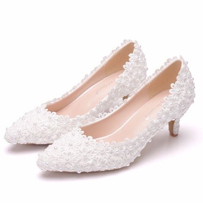 Women Lace Beads Bridal Wedding Shoes Pointed Toe Pumps Stiletto Heel