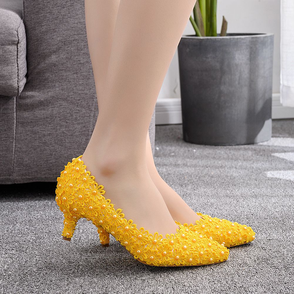 Women Lace Beads Bridal Wedding Shoes Pointed Toe Pumps Stiletto Heel