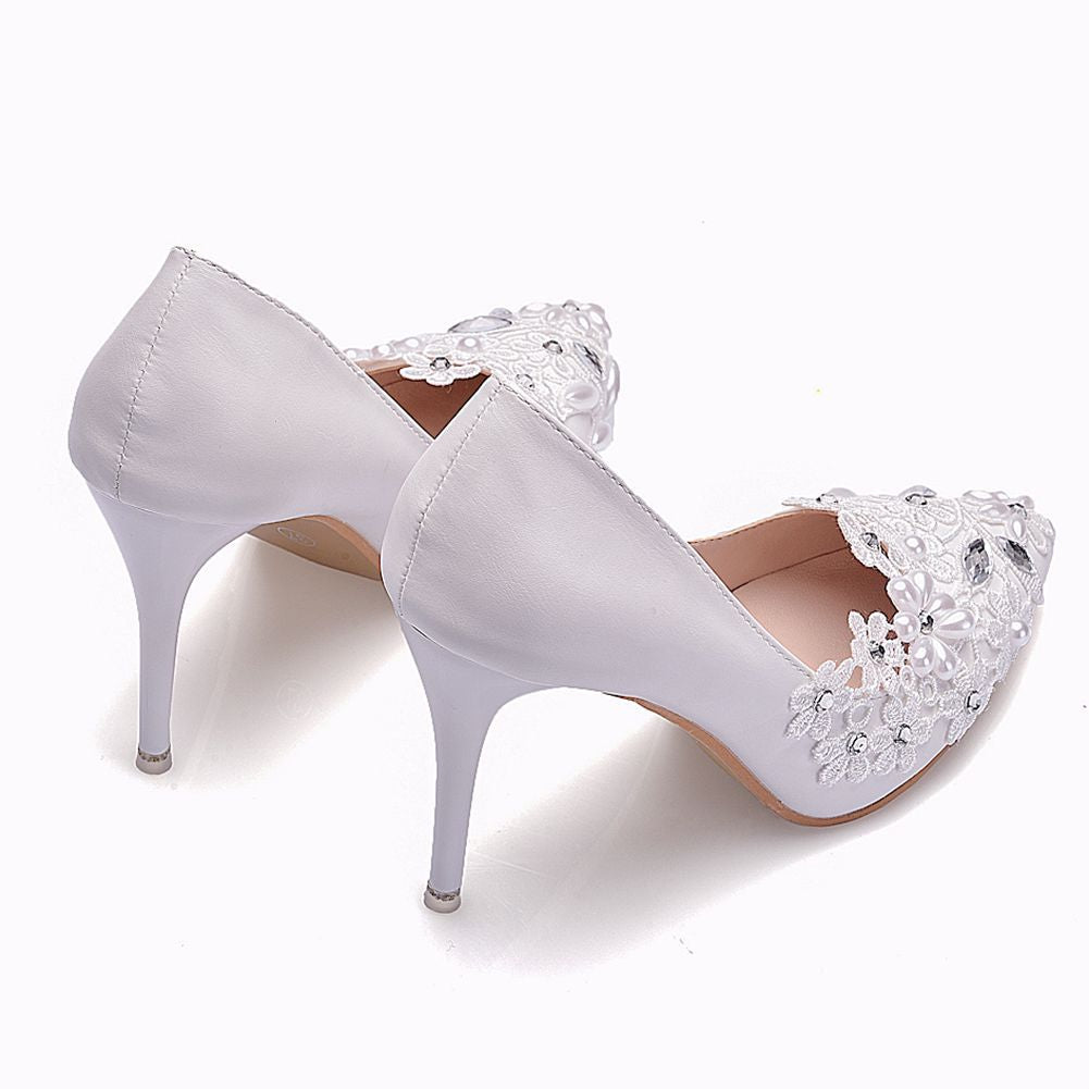 Women Rhinestone Pearl Flora Stiletto Heel Pumps Wedding Shoes