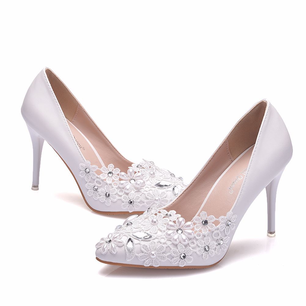 Women Rhinestone Pearl Flora Stiletto Heel Pumps Wedding Shoes