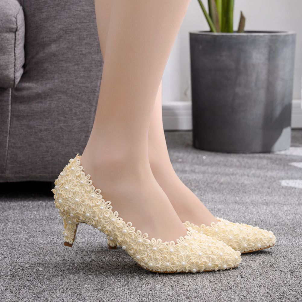 Women Pointed Toe Lace Flora Bridal Pumps Wedding Shoes