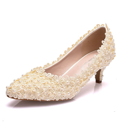 Women Pointed Toe Lace Flora Bridal Pumps Wedding Shoes