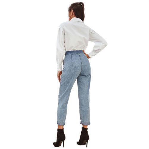 Denim Snowflake Belt Long High Waist Cropped Casual Long Women Jeans