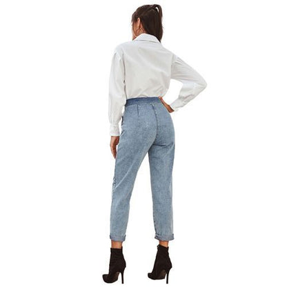 Denim Snowflake Belt Long High Waist Cropped Casual Long Women Jeans