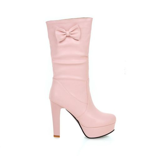 Women Bow Tie High Heels Platform Mid Calf Boots