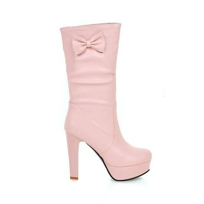 Women Bow Tie High Heels Platform Mid Calf Boots