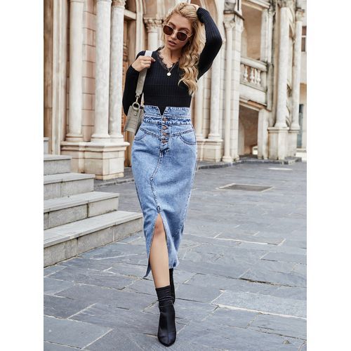 Ins Fashion High Waist Button Slit Denim Women Skirts