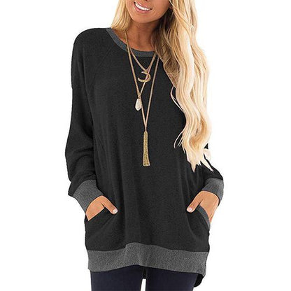 Women Color Contrast Pocket Sweater Long Sleeve Pullover Sweatshirt T-shirt