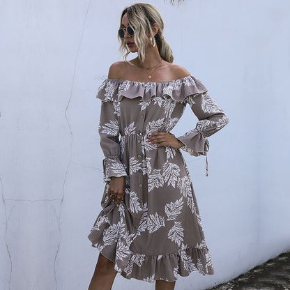 Women Off Shoulder Floral Printed Long Sleeved Dress