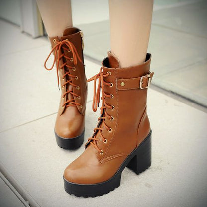 Women Lace Up Buckle High Heel Short Motorcycle Boots