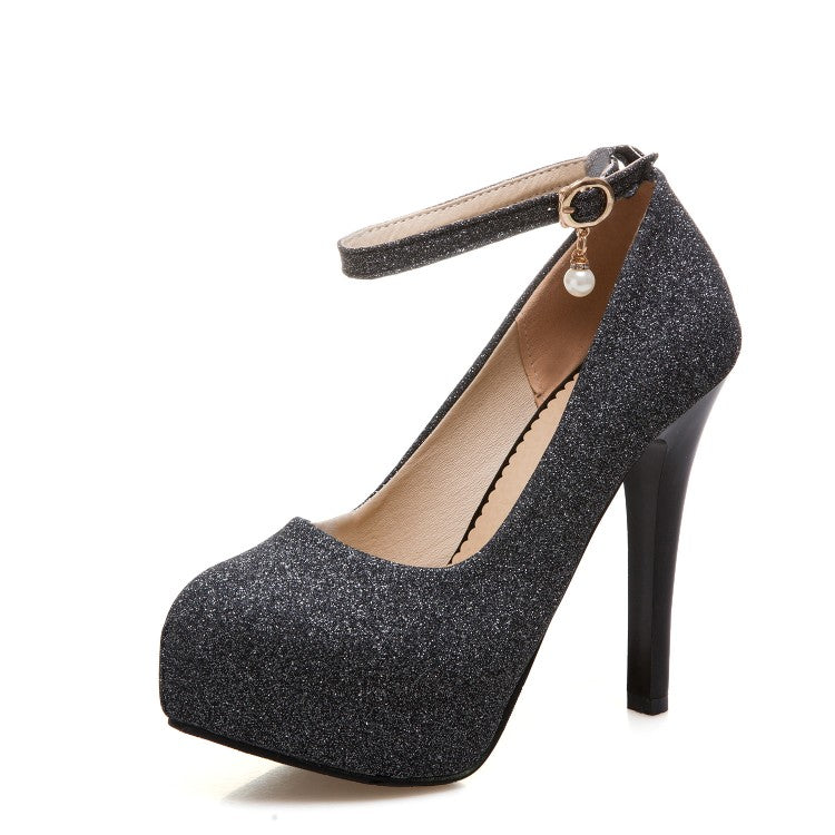 Women Ankle Strap Sequined High Heels Platform Pumps