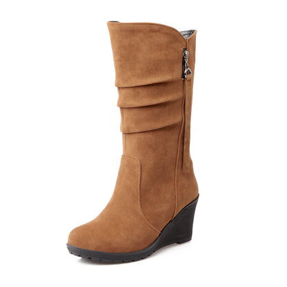 Women Suede Platform Wedges Heel Mid Calf Boots