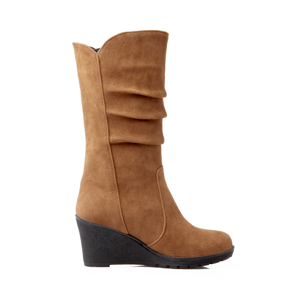 Women Suede Platform Wedges Heel Mid Calf Boots