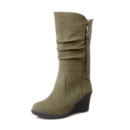 Women Suede Platform Wedges Heel Mid Calf Boots