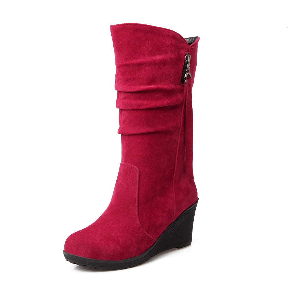 Women Suede Platform Wedges Heel Mid Calf Boots