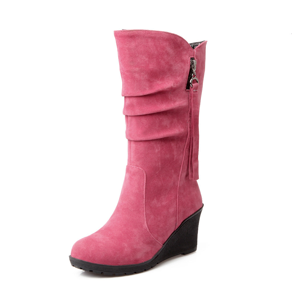 Women Suede Platform Wedges Heel Mid Calf Boots