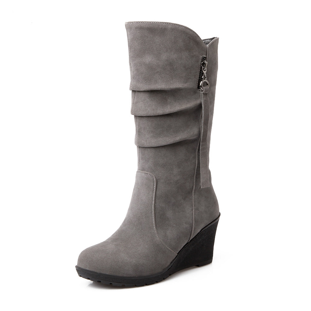 Women Suede Platform Wedges Heel Mid Calf Boots