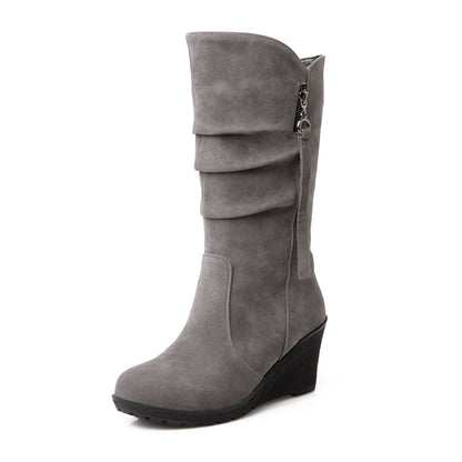 Women Suede Platform Wedges Heel Mid Calf Boots