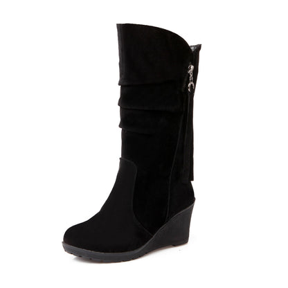 Women Suede Platform Wedges Heel Mid Calf Boots