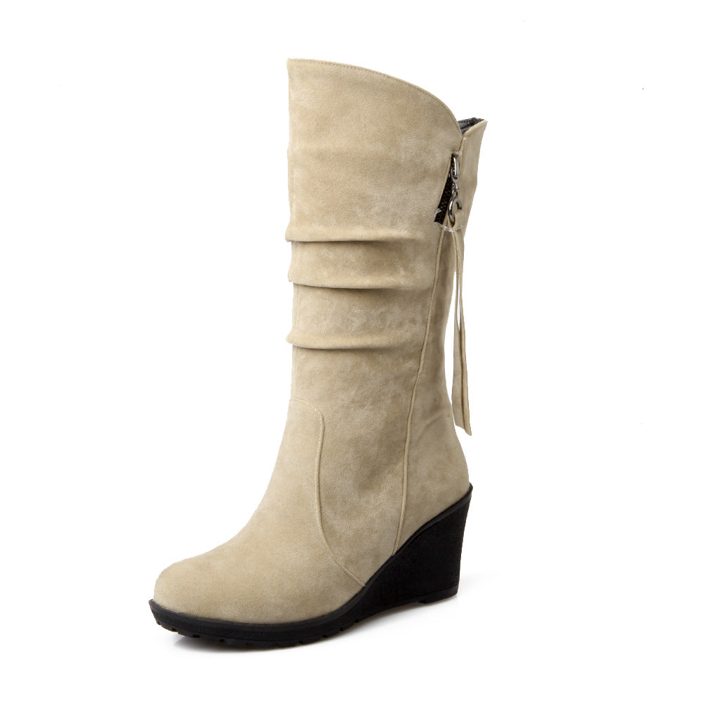 Women Suede Platform Wedges Heel Mid Calf Boots